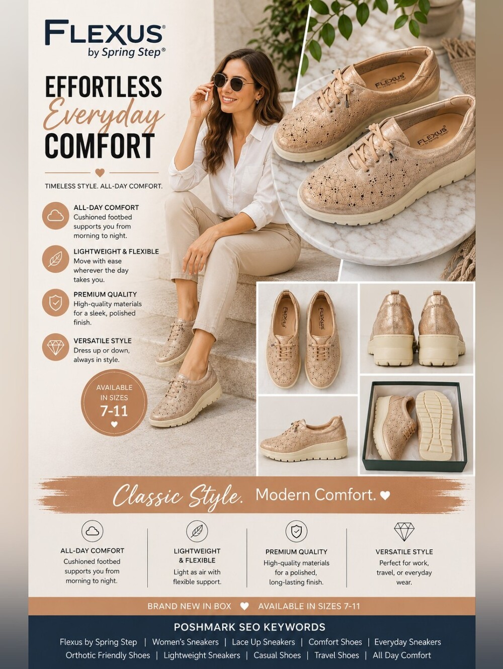 Flexus by Spring Step Rose Gold Lace Up Comfort Sneakers NIB Womens 7.5-10